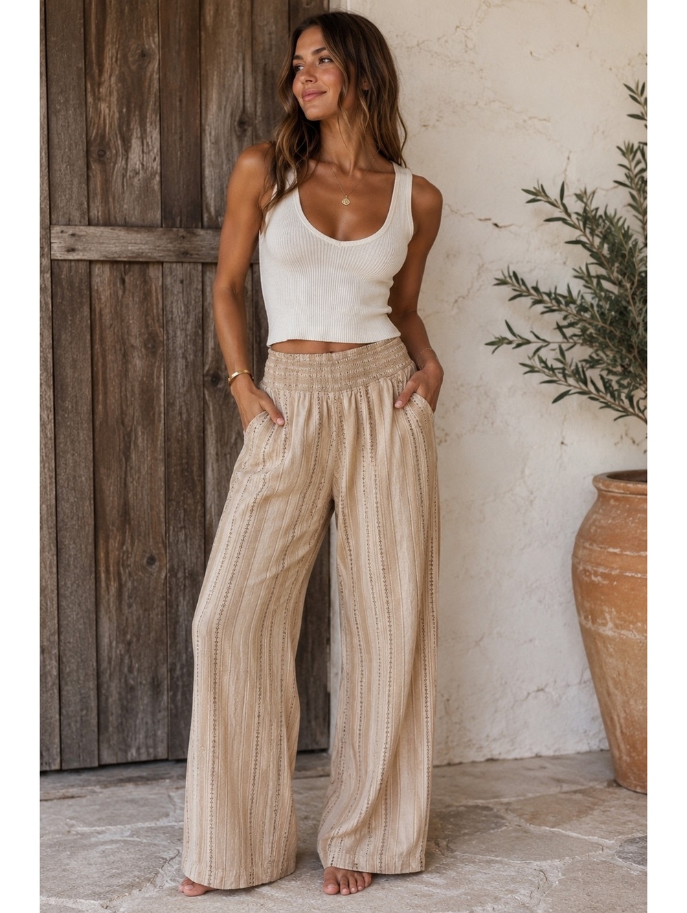 Briggs Linen Blend Coastal Wide Leg Pants Beige Stripe Boho Medium